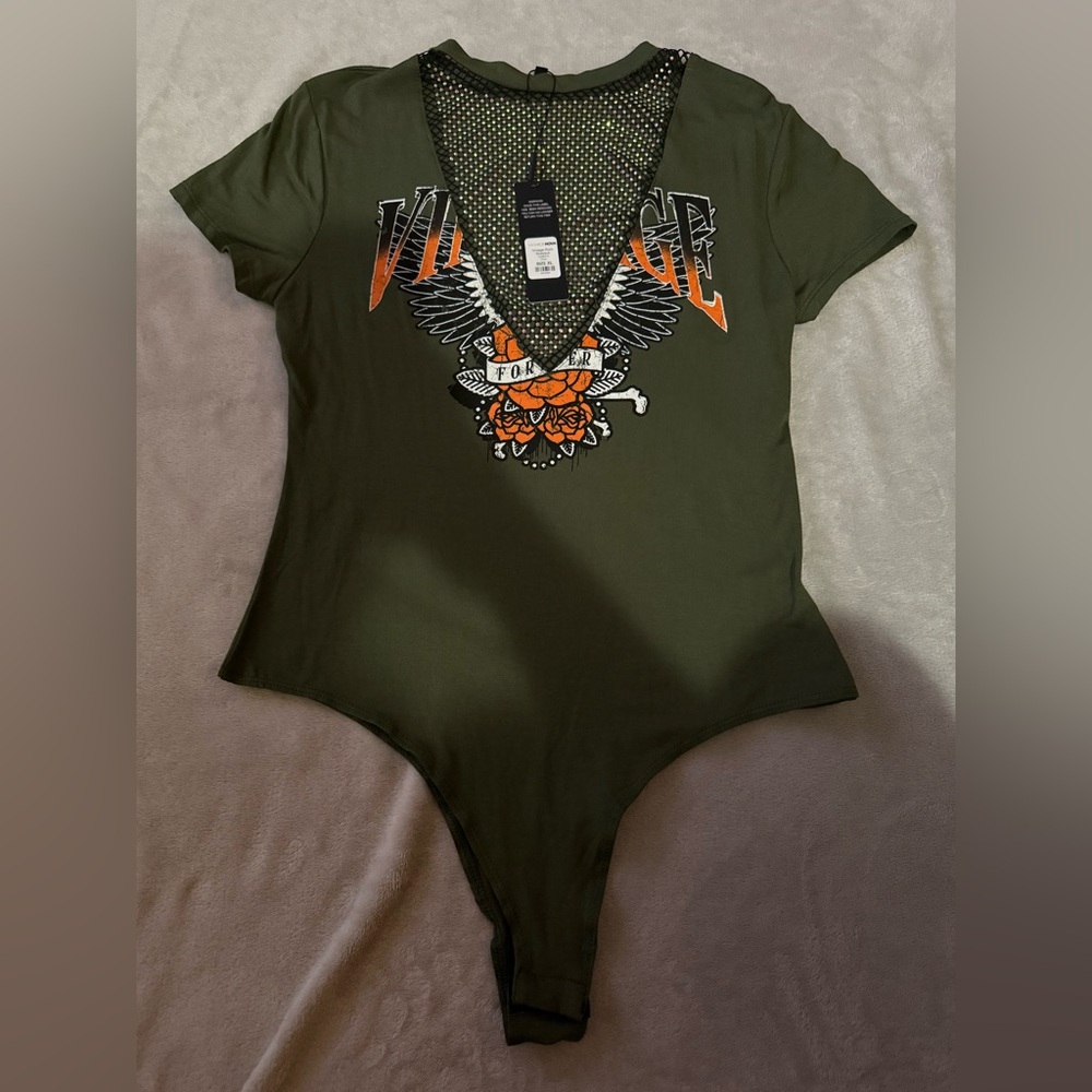 Fashion Nova Olive Bodysuit with Orange and White Accents